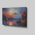 Framed canvas print of an impressionist landscape with a sailboat during sunset, featuring autumnal colours and mountain scenery