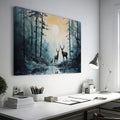 Framed canvas print of a serene forest scene with deer and sunset reflection