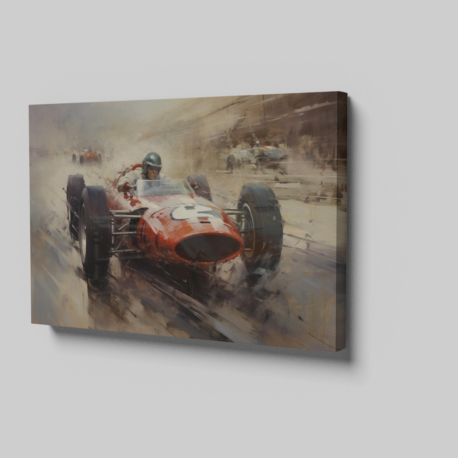 Framed canvas print of a classic Formula One race with vibrant orange racecar in dynamic motion