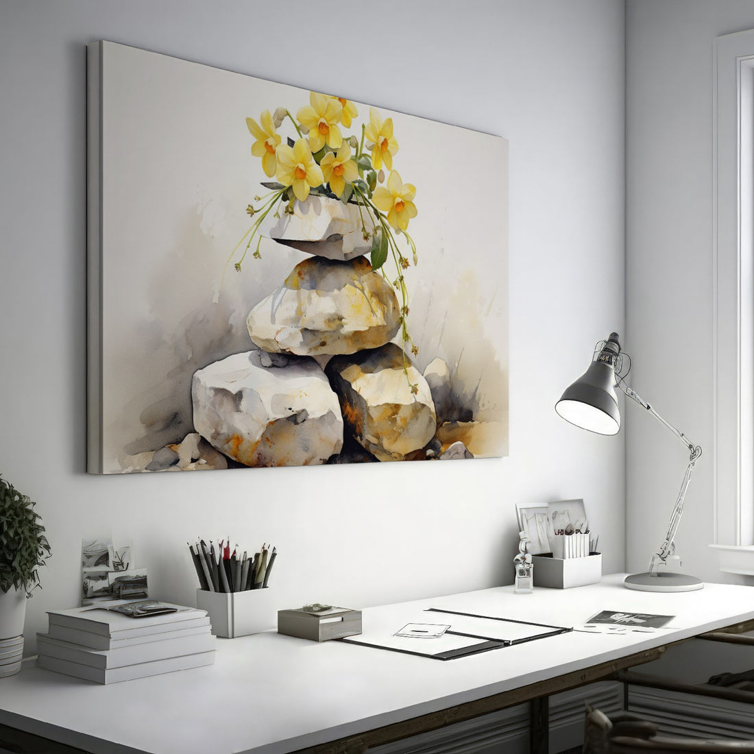 Framed canvas print of a Zen garden scene with watercoloured flowers and stones