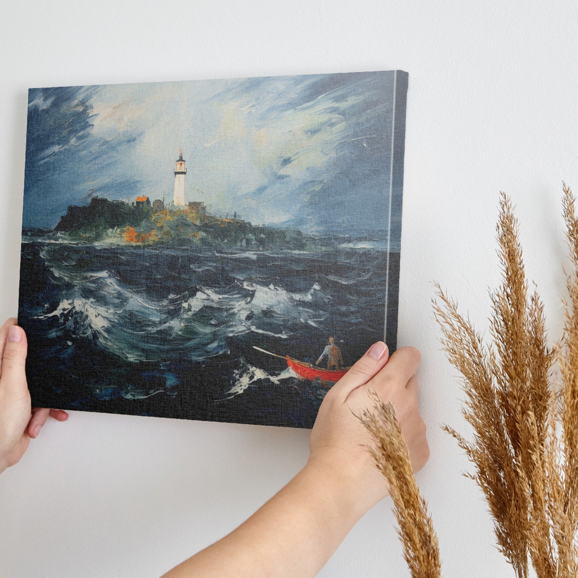 Framed canvas print of a stormy sea with a lighthouse on a cliff and a small boat navigating the waves