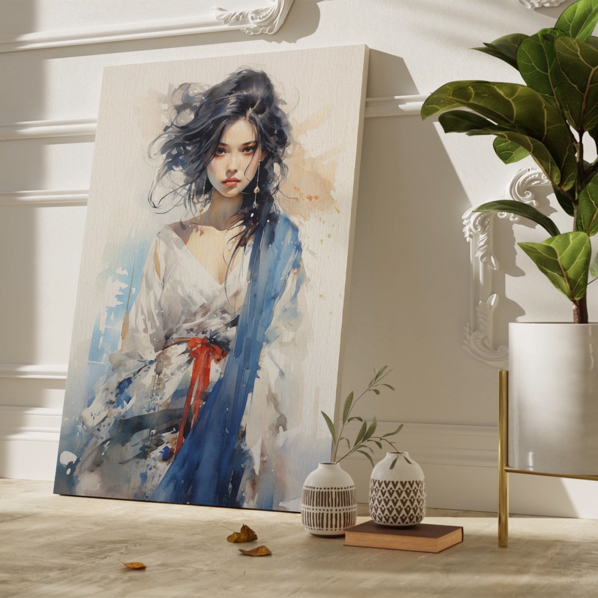 Watercolor portrait of a woman with flowing hair and blue garment with abstract splashes.