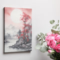 Framed canvas print of Asian-inspired landscape with crimson tree and misty mountains