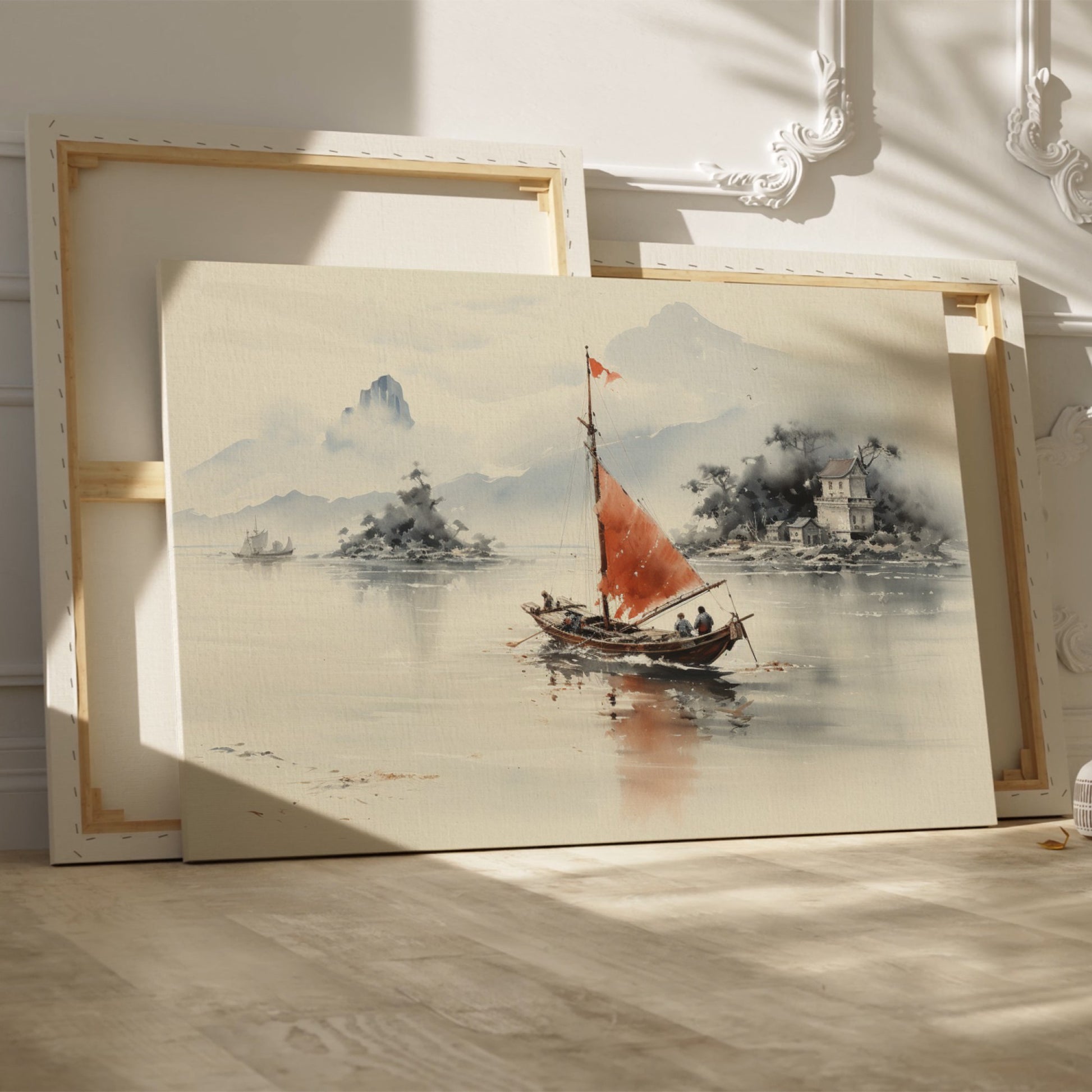 Framed canvas print of traditional Chinese painting featuring a sailboat, misty mountains, and historical architecture