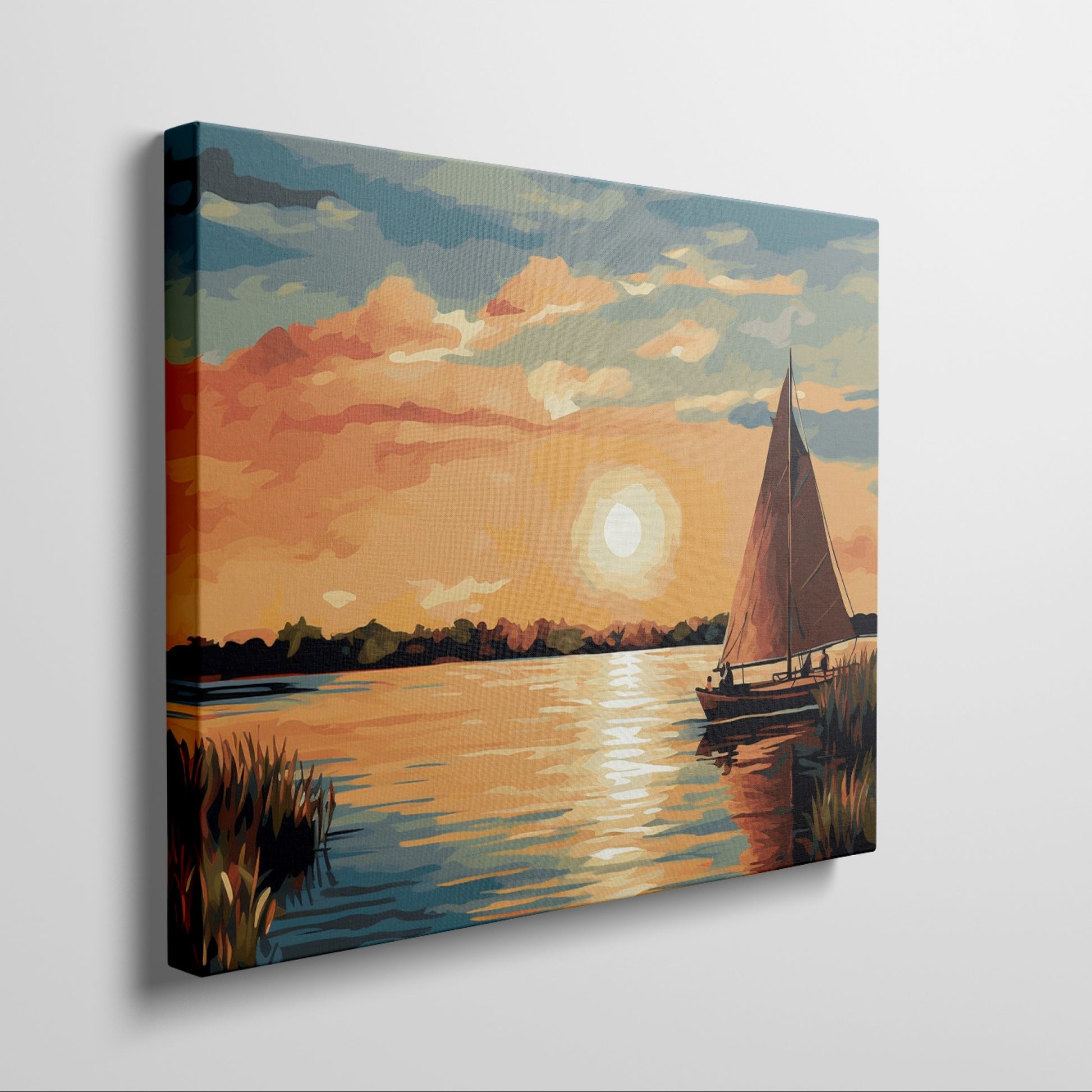 Vibrant sunset over water with a silhouette of a sailboat and reflective sunlight on the ocean