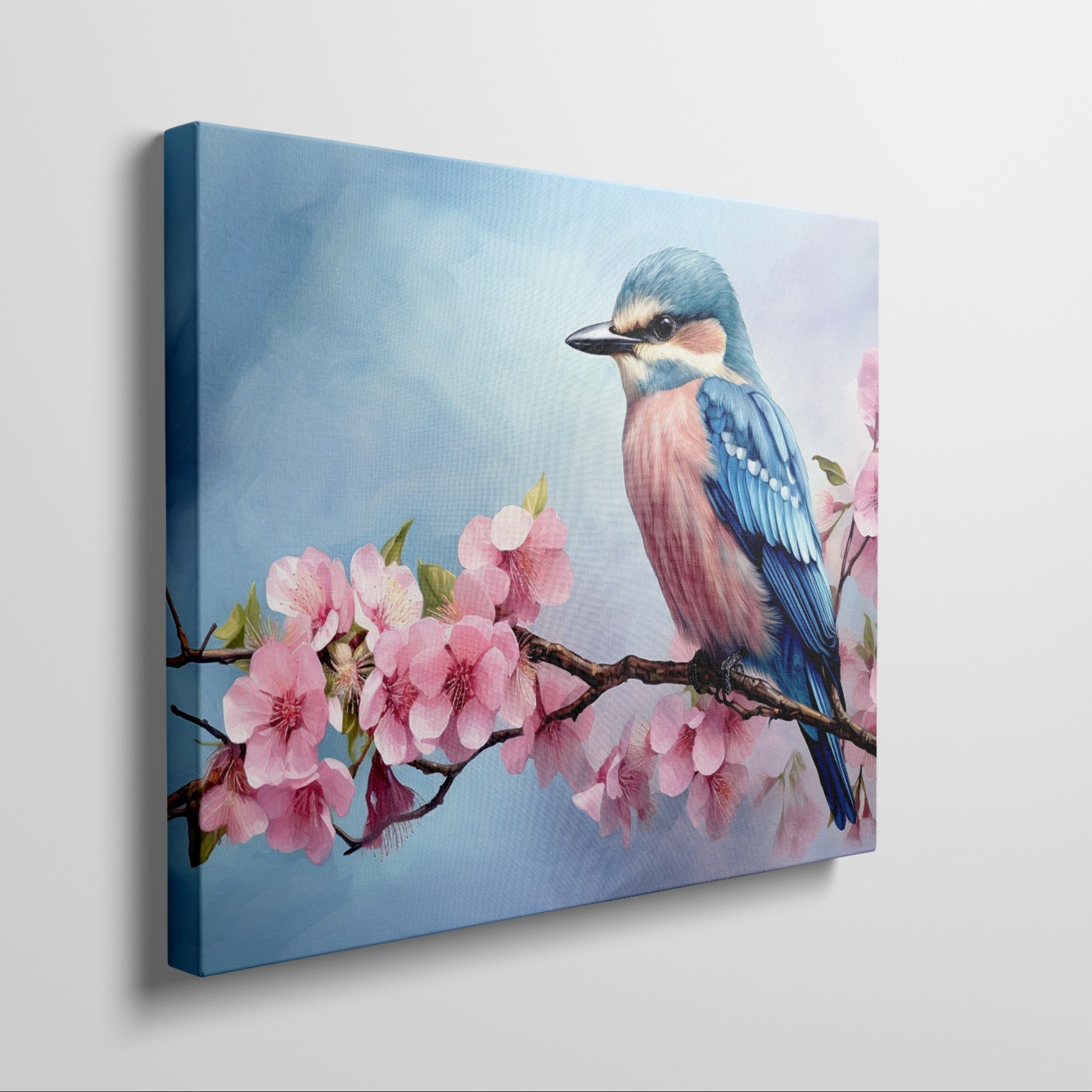 Framed canvas print of a colourful bird on a blossoming cherry branch