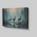 Framed canvas print of deer in a forest at sunrise with reflections in water, blue and orange tones