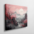 Framed canvas print of Oriental landscape with cherry blossoms and pagodas under a full moon