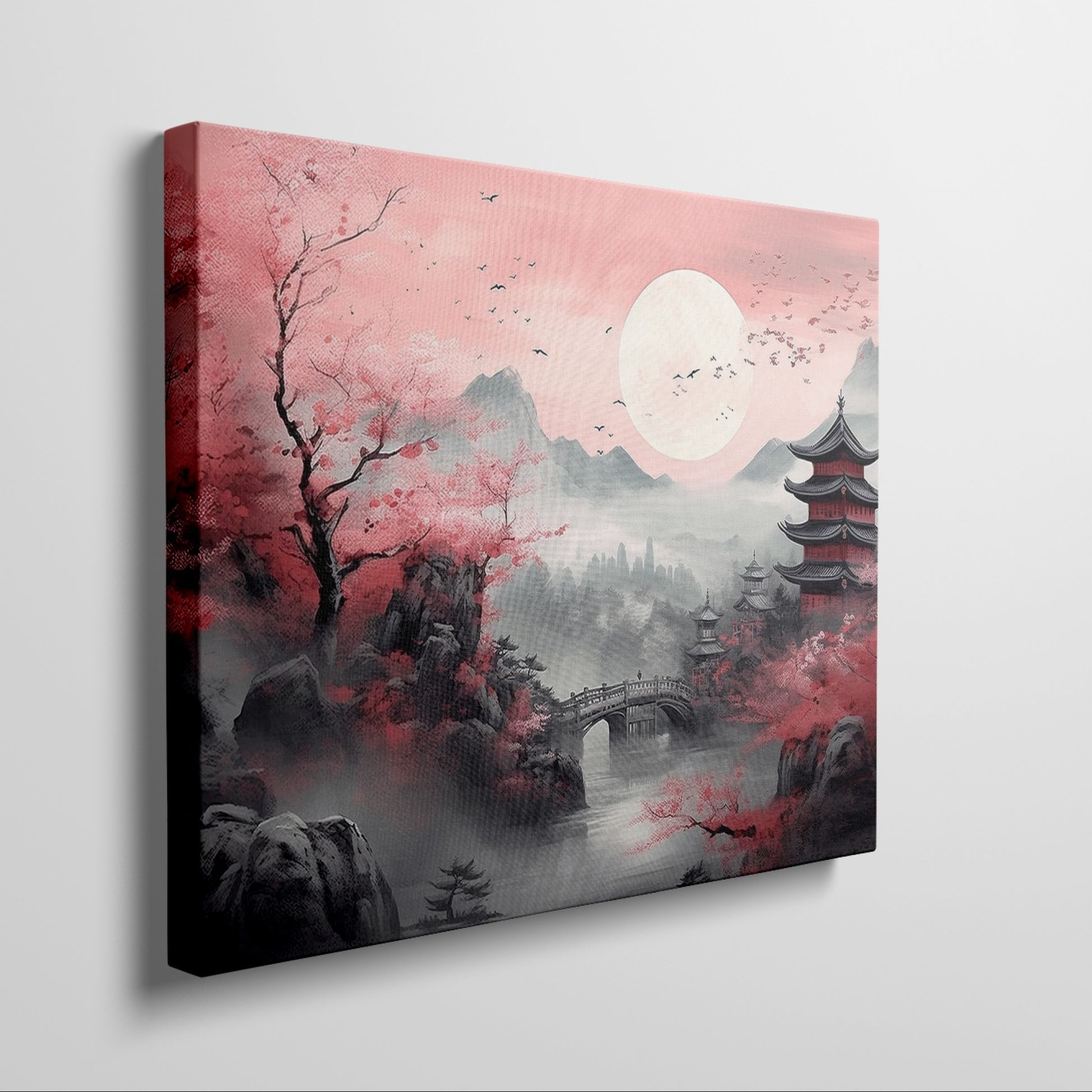 Framed canvas print of Oriental landscape with cherry blossoms and pagodas under a full moon