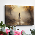 Framed canvas print of a mystical autumnal pathway with a silhouette of a woman walking, surrounded by golden trees and a soft fog.