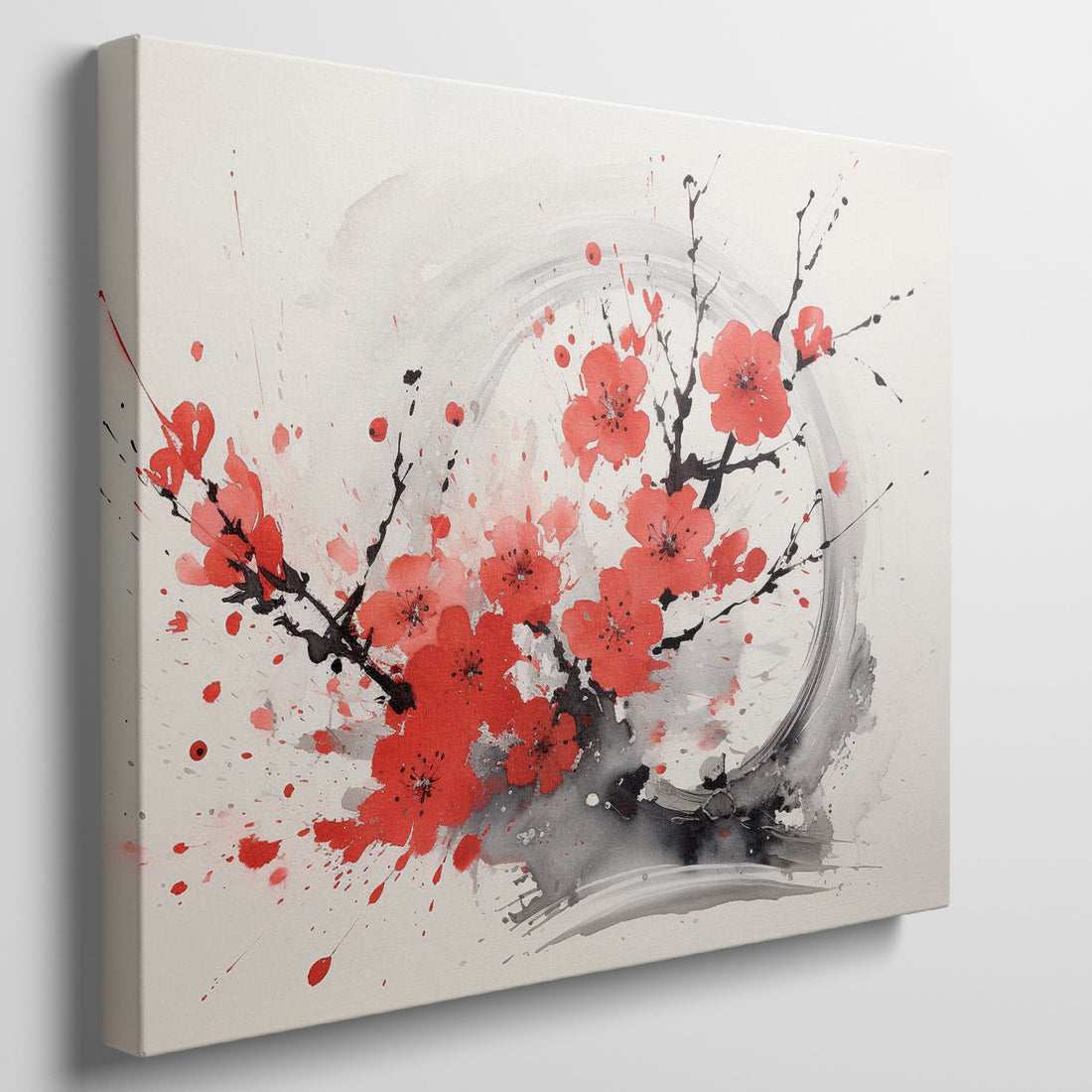 Framed canvas print of abstract ink wash cherry blossoms in vibrant red and black