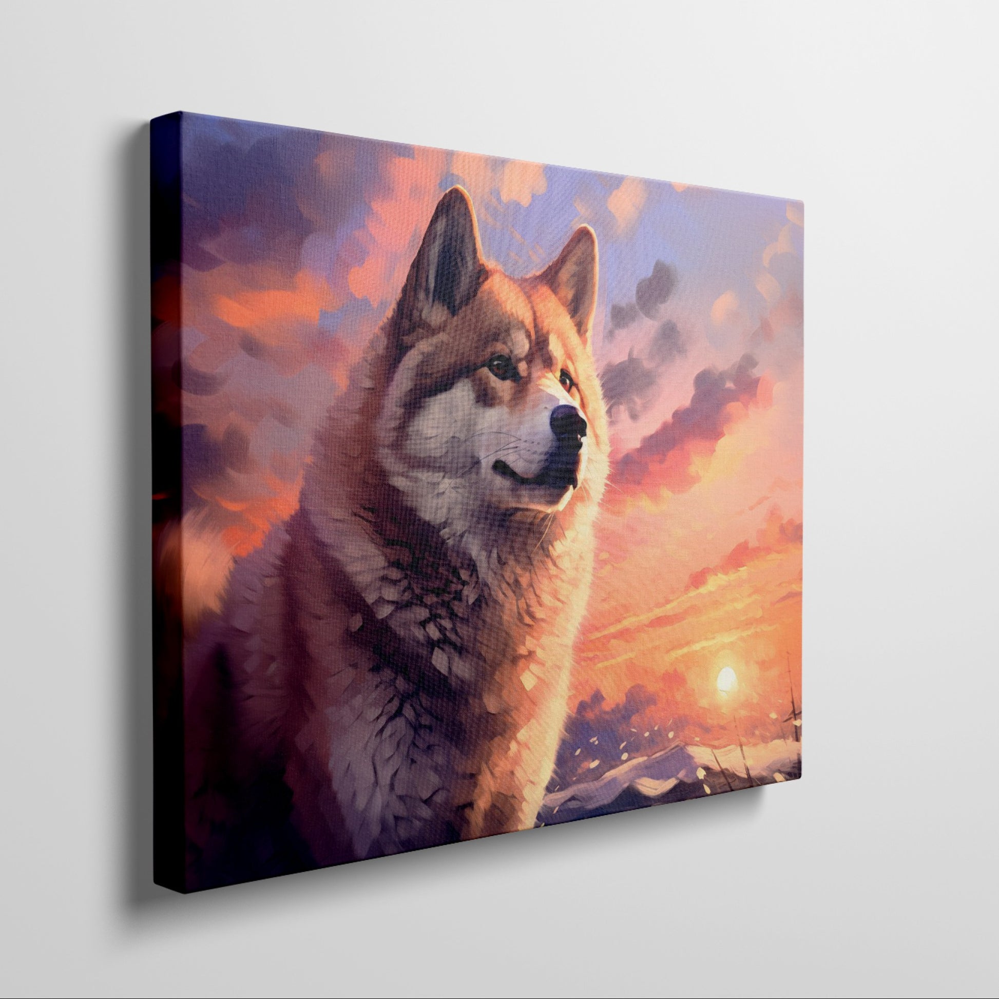 Framed canvas print of a majestic wolf against a vibrant sunset background in fiery tones