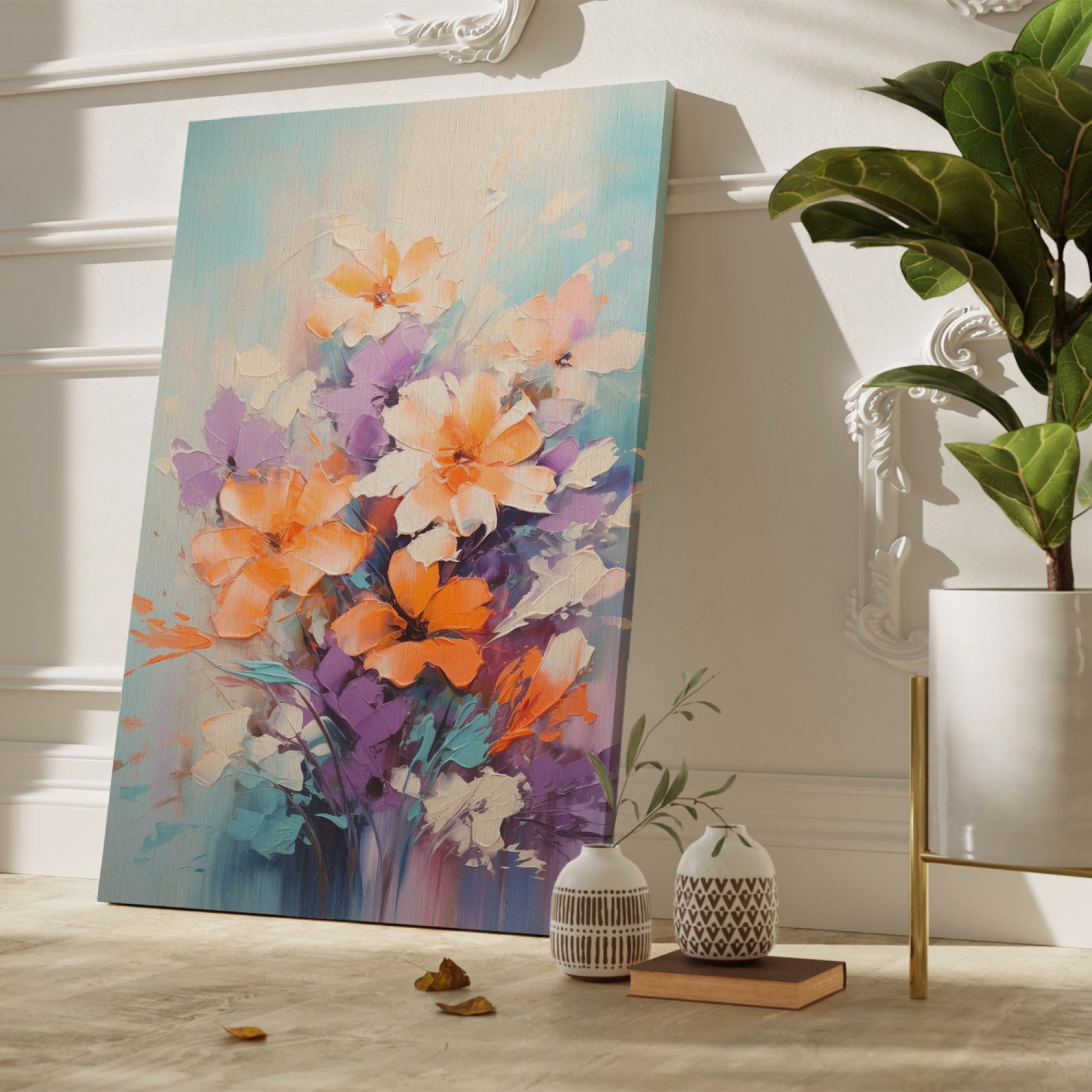 Framed canvas print of vibrant impasto style flowers with heavy texture in vivid orange and purple hues