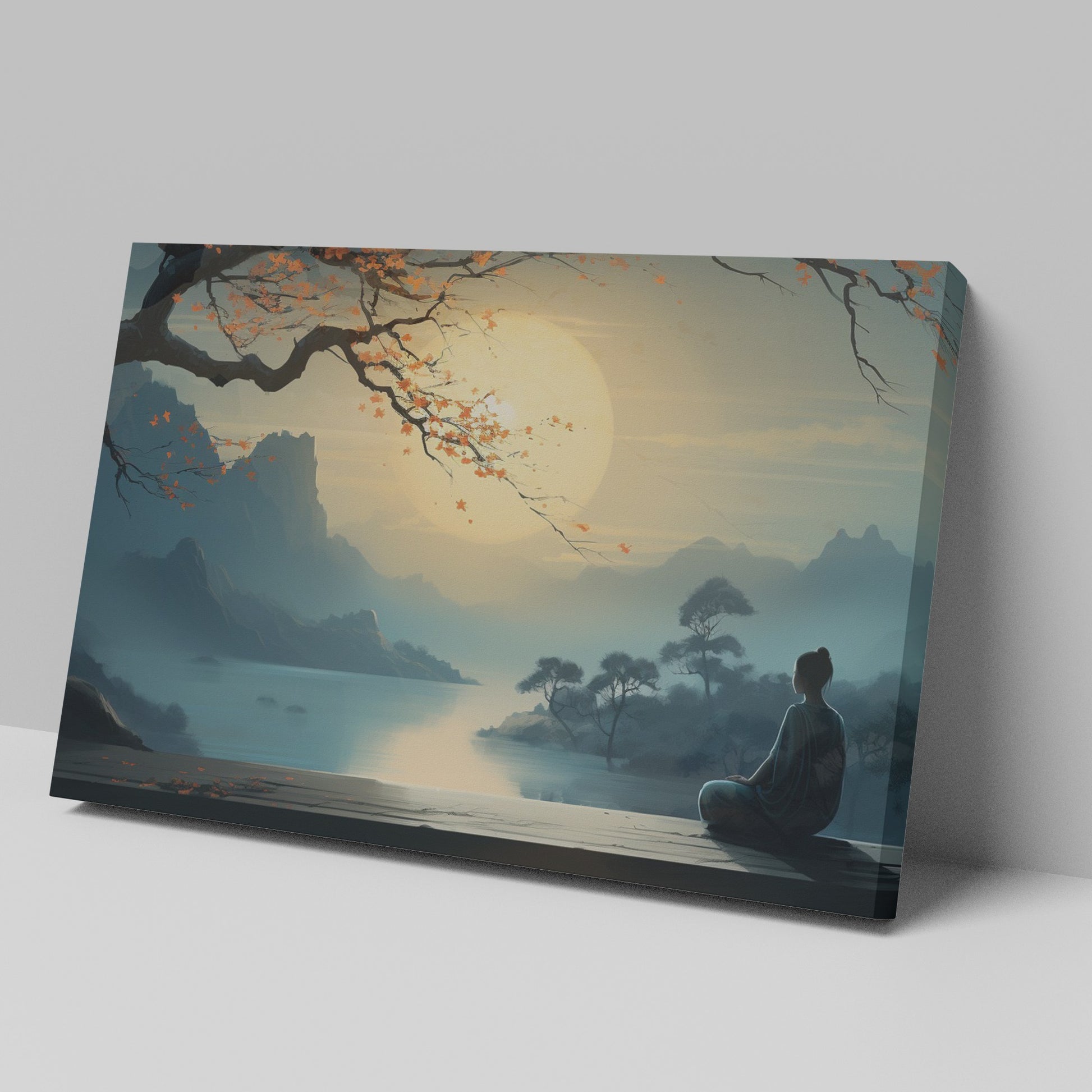 Framed canvas print of a tranquil Zen moment with a silhouette against an Oriental landscape at sunrise