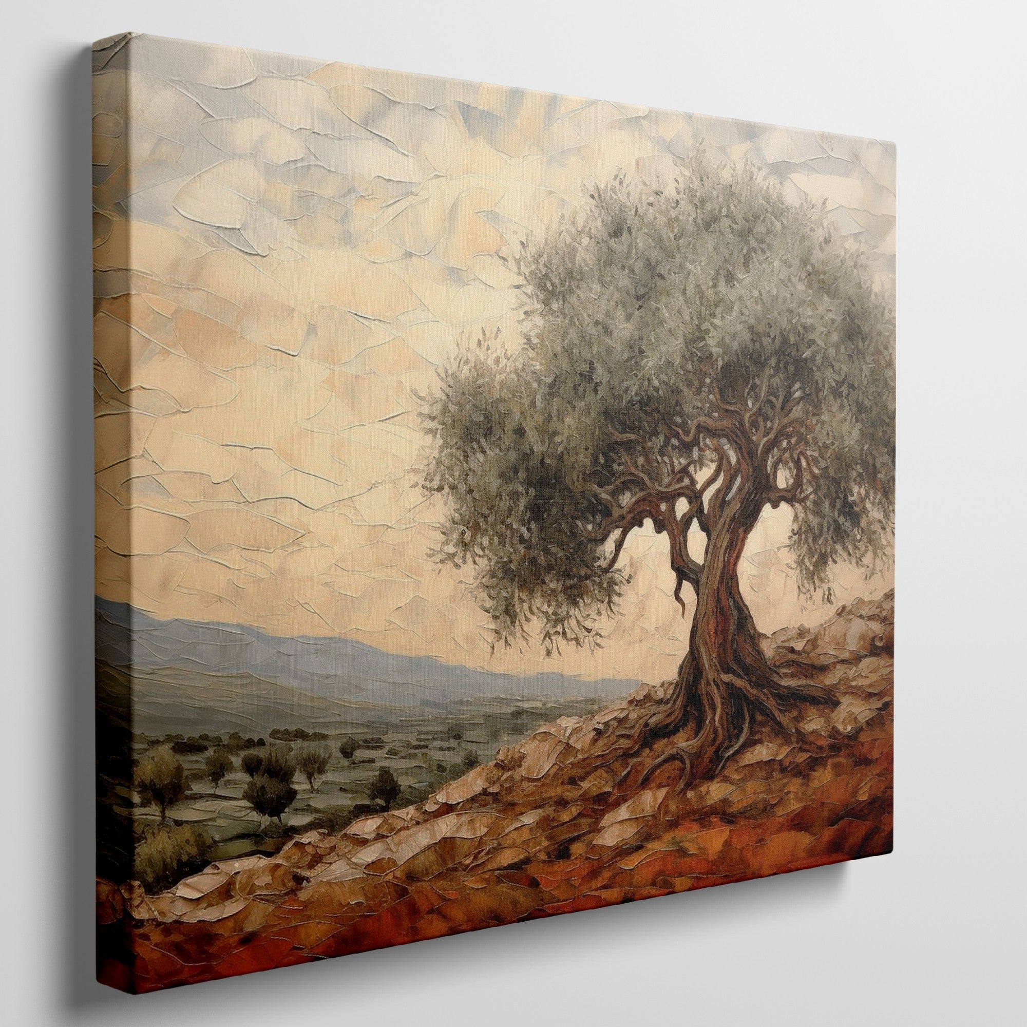 Framed canvas print of a stylised olive tree in a rustic Mediterranean landscape with warm terracotta and olive green tones