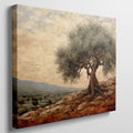 Framed canvas print of a stylised olive tree in a rustic Mediterranean landscape with warm terracotta and olive green tones