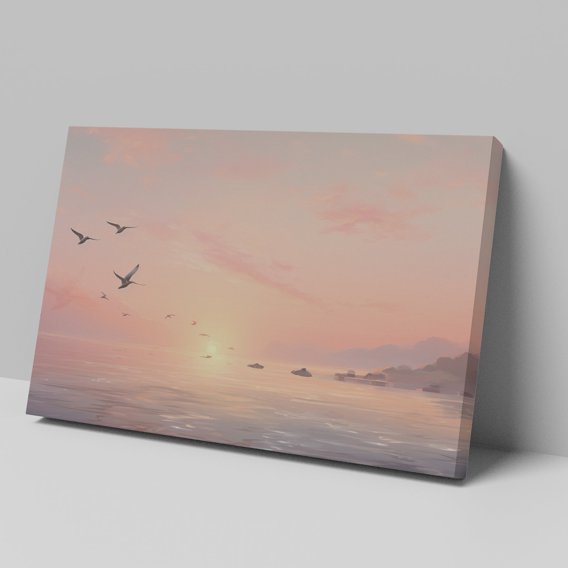 Framed canvas print of a serene seascape at sunset with flying birds and calm ocean waters