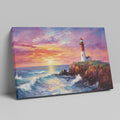 Impressionist painting of a lighthouse at sunset with vibrant red and blue tones and dynamic waves