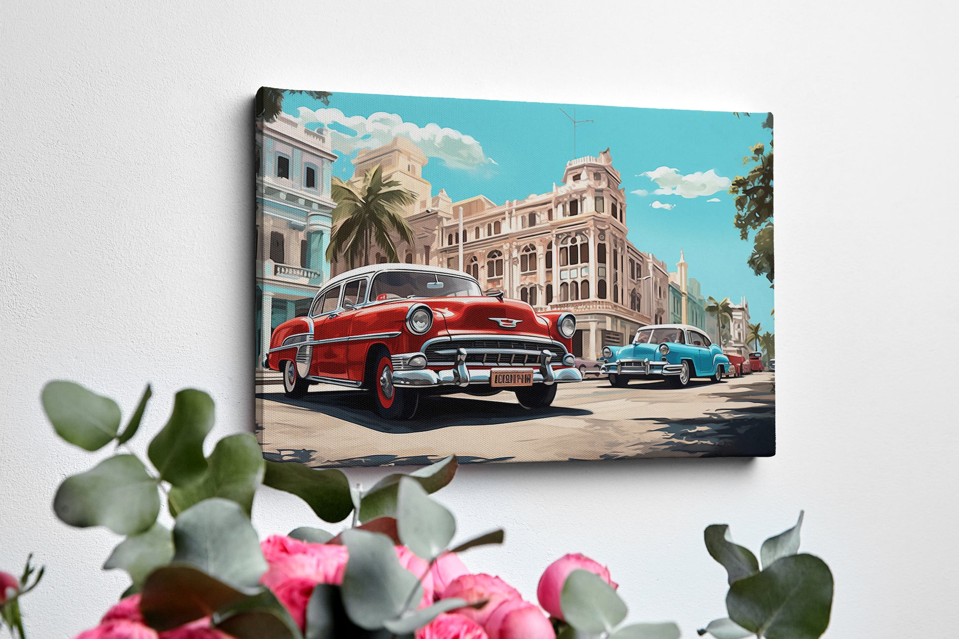 Framed canvas print of vintage cars and historic urban street scene in vibrant colours