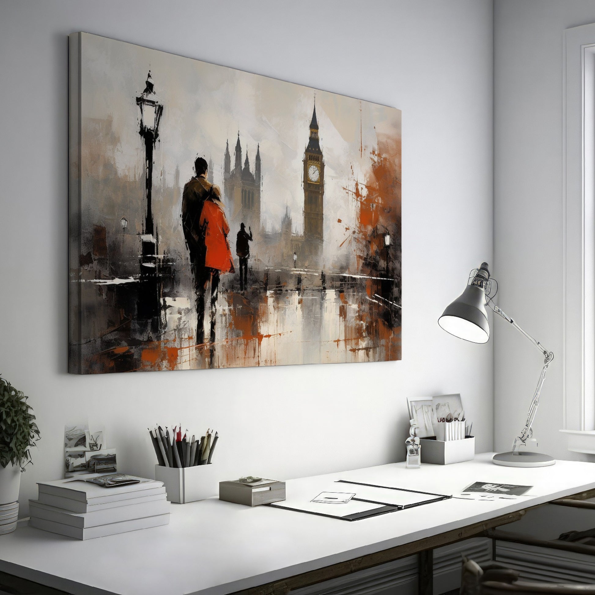 Framed canvas print of an abstract rainy London street scene with Big Ben in the background