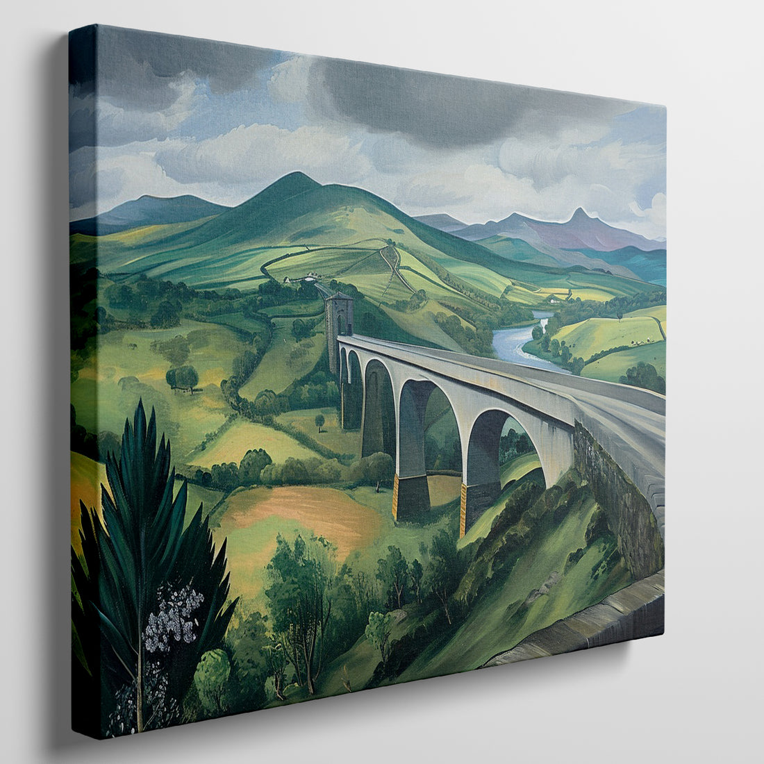 Framed canvas print depicting a modern panoramic landscape with a valley and bridge, in vivid colours