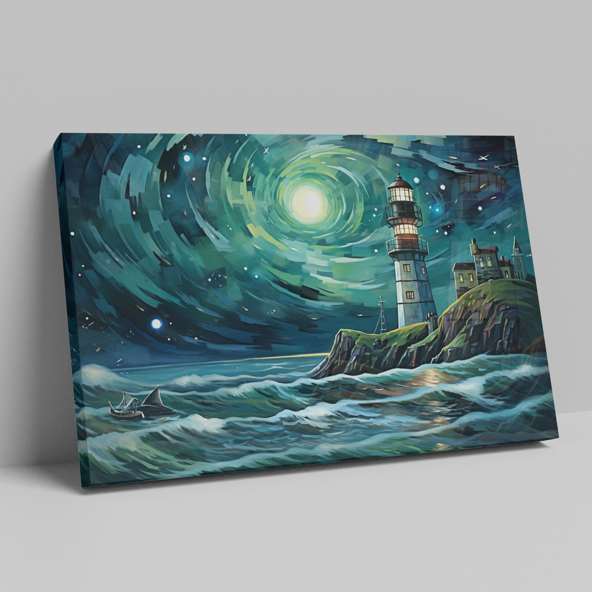 A canvas painting of a lighthouse on a cliff with a swirling starry sky and rough sea in shades of blue and green.