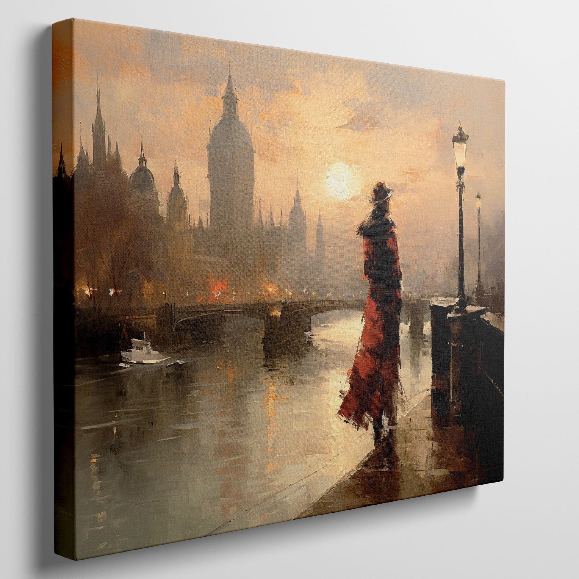 Framed canvas print of a vintage-style sunset over London's Thames, with elegant silhouette and warm colour palette