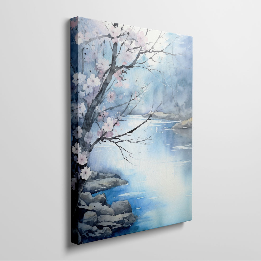 Framed canvas print of a serene watercolour landscape with cherry blossom and tranquil river