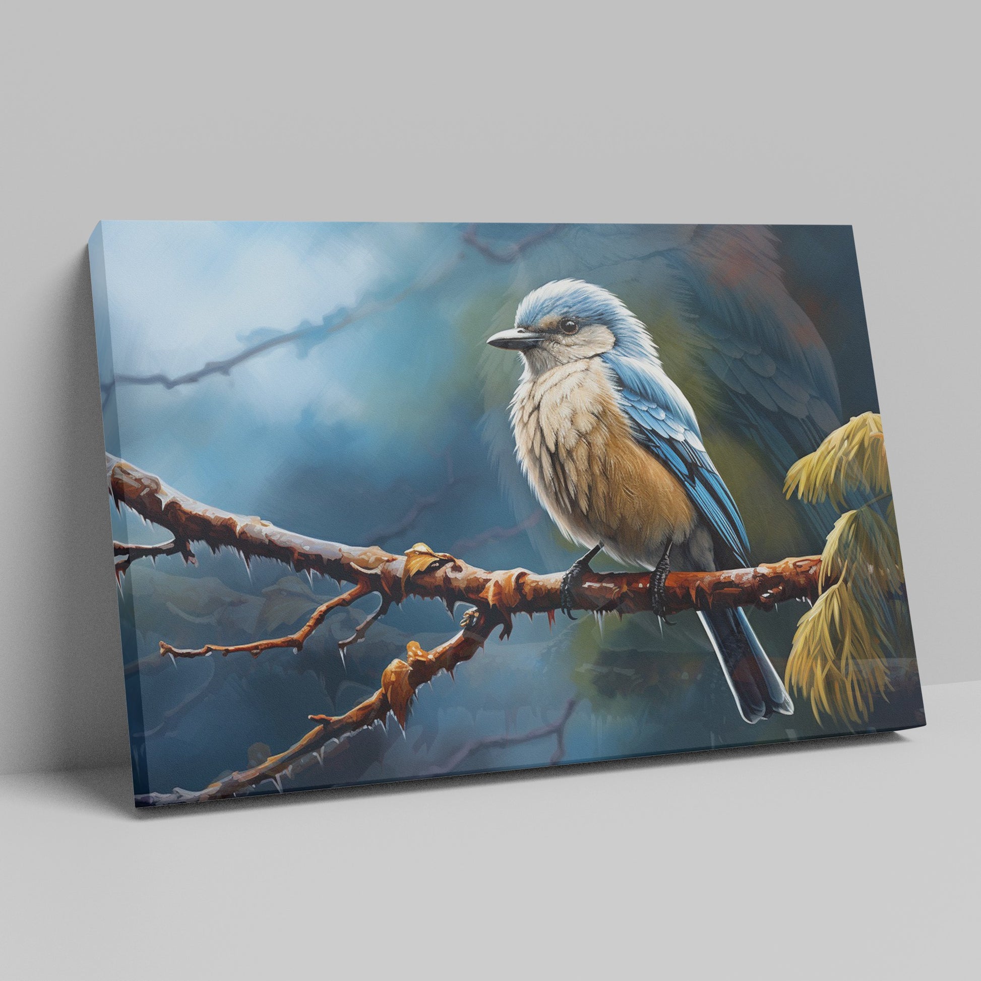 Framed canvas print of a realistic blue jay perched on a branch with intricate detail and vibrant colours