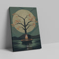 Framed canvas print of a tranquil tree with autumn leaves and glowing candle on a calm lake under a full moon