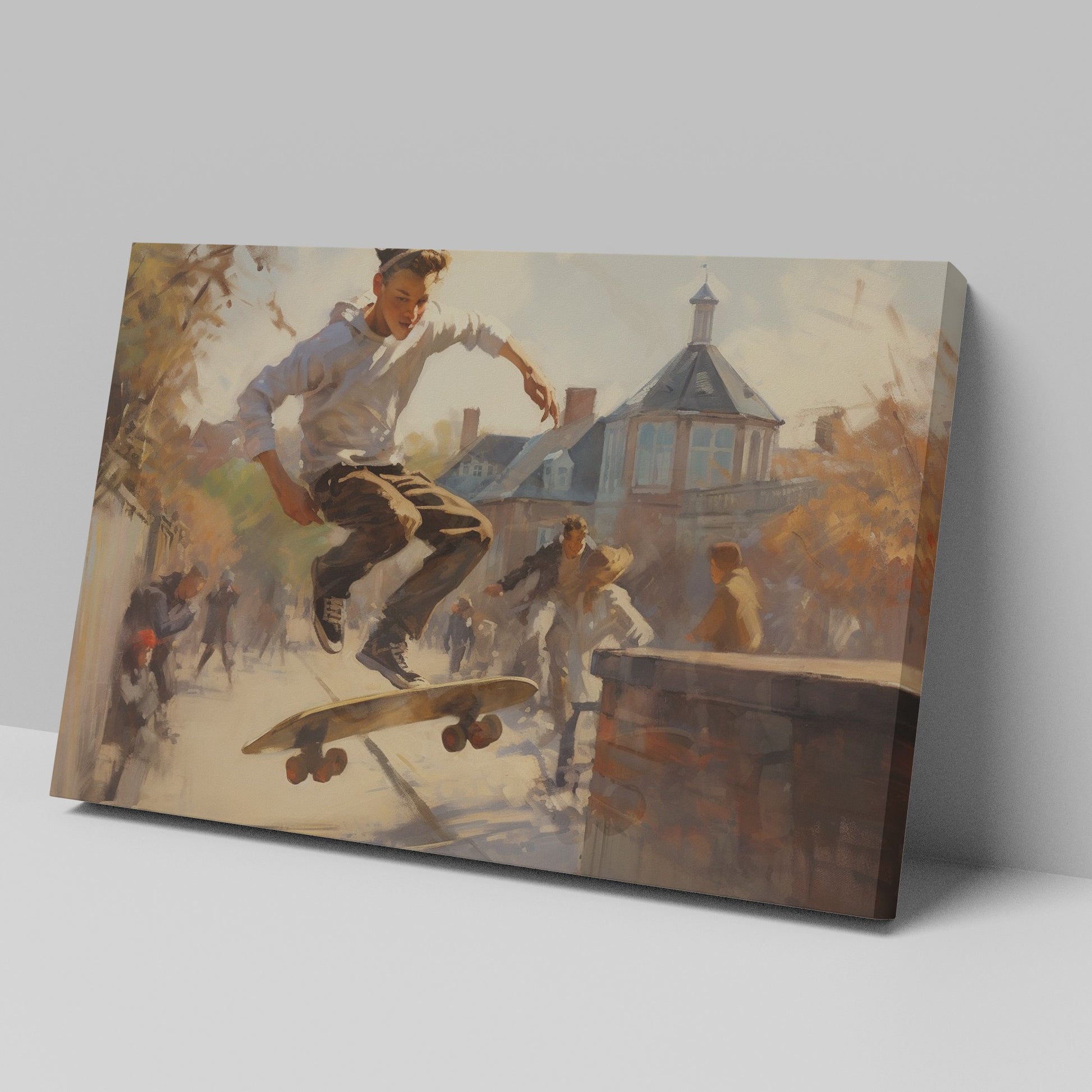 Framed canvas print of an impressionist urban scene with a skateboarder performing a trick in sunlight