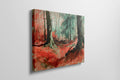 Framed canvas print of an abstract watercolour forest in vibrant red and green hues