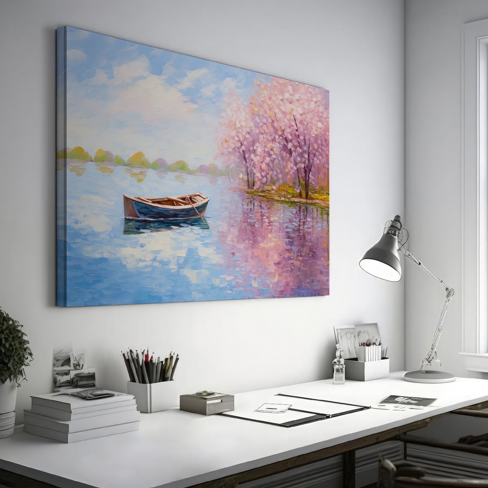 Framed canvas print of an impressionist painting featuring cherry blossoms and a serene lake with a boat