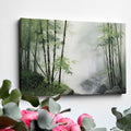 Framed canvas print of a misty bamboo forest in watercolour style with green and grey hues