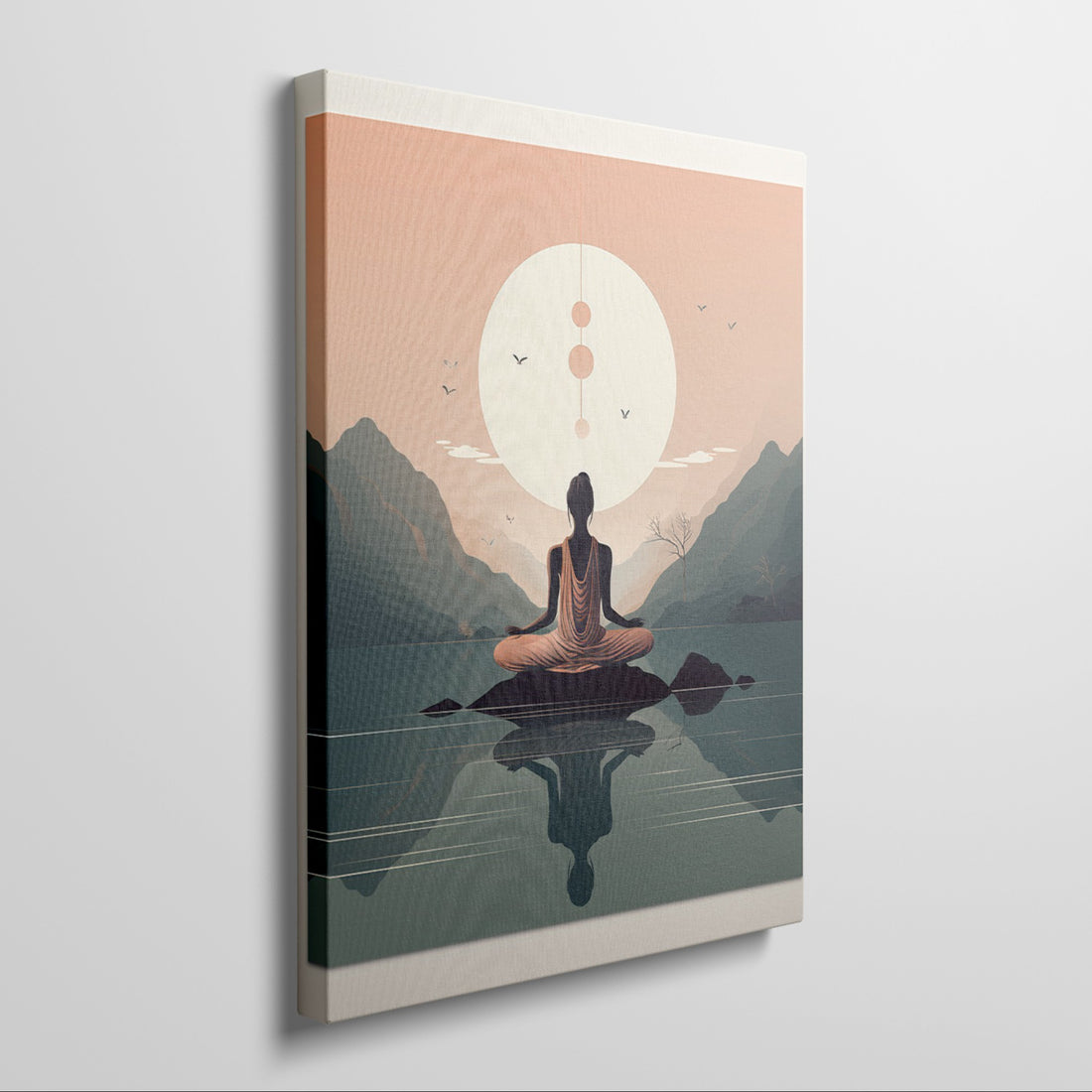 Framed canvas print of meditative figure in front of tranquil mountains and reflective water at sunset