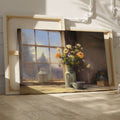 Framed canvas print of a rustic wildflower bouquet on a window sill, with soft morning light