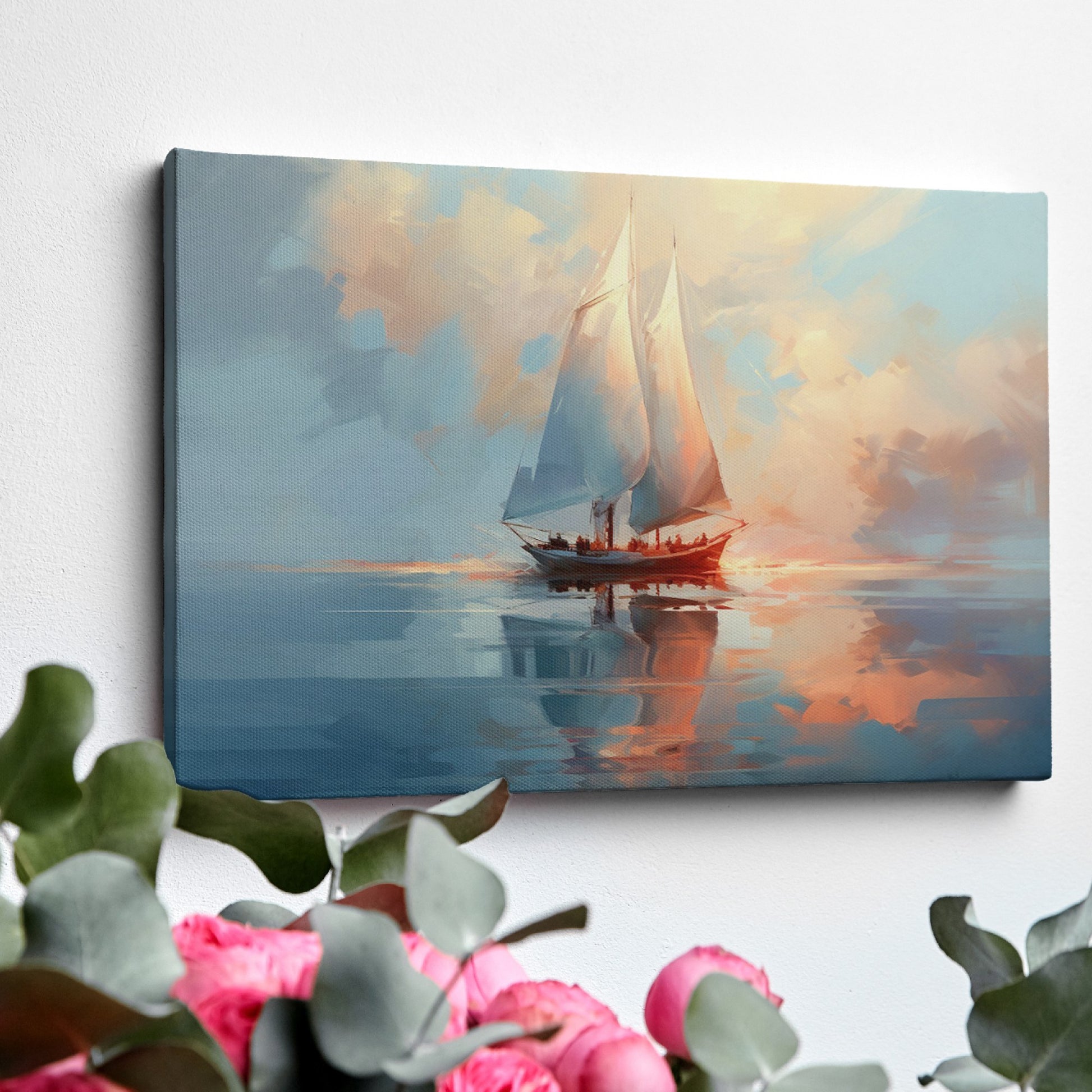 Framed canvas print of an impressionist depiction of a sailboat at sunset with vibrant sky and water reflections