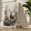 Framed canvas print of a majestic stag in a misty woodland watercolor painting