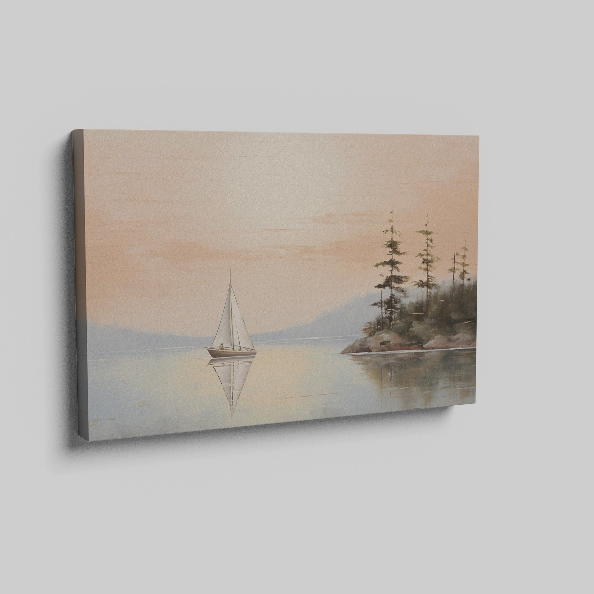 Peaceful landscape painting of a sailboat on a mirror-like lake with orange sky and pine trees