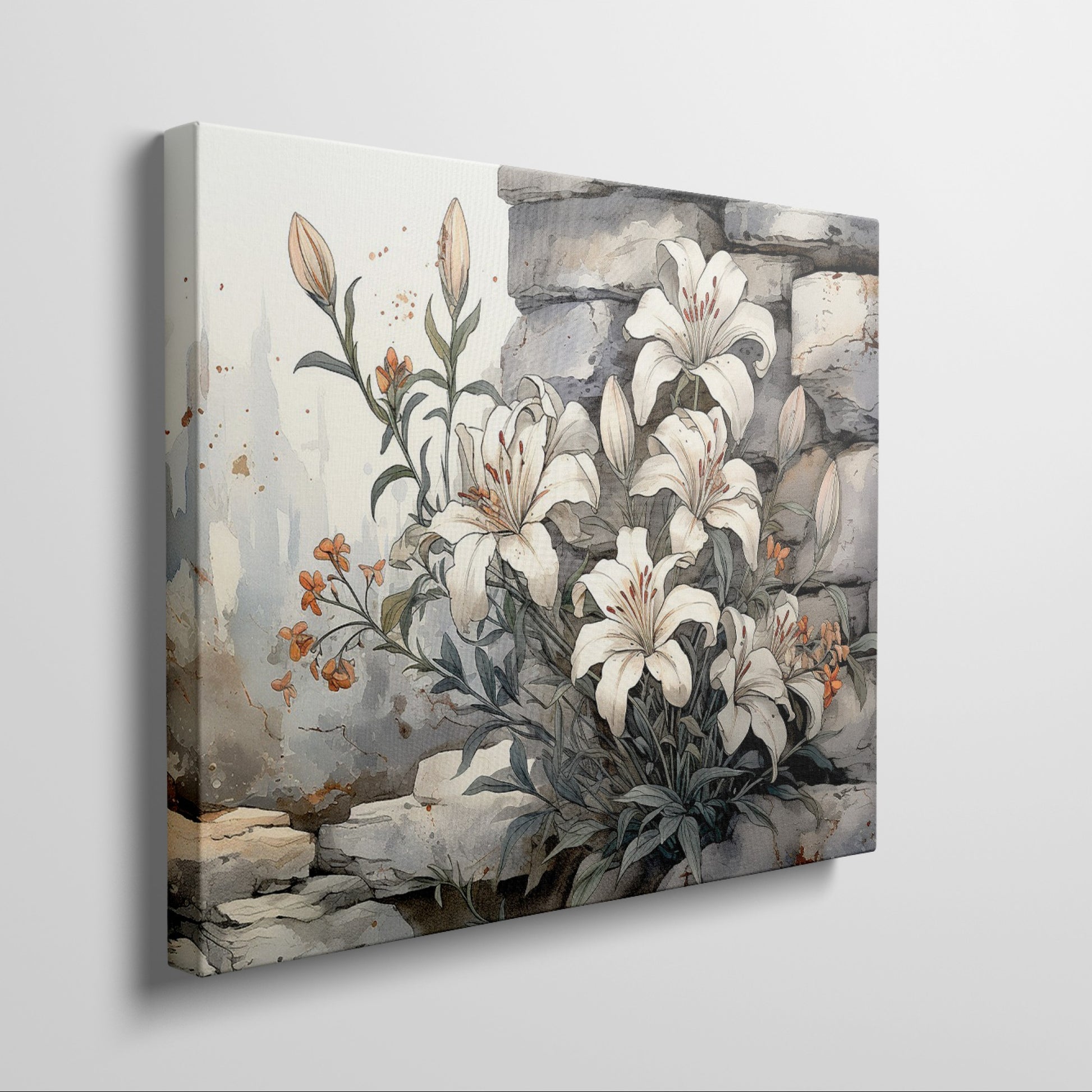 Framed canvas print of elegant white lilies with orange flowers against a rustic stone background, in watercolour style