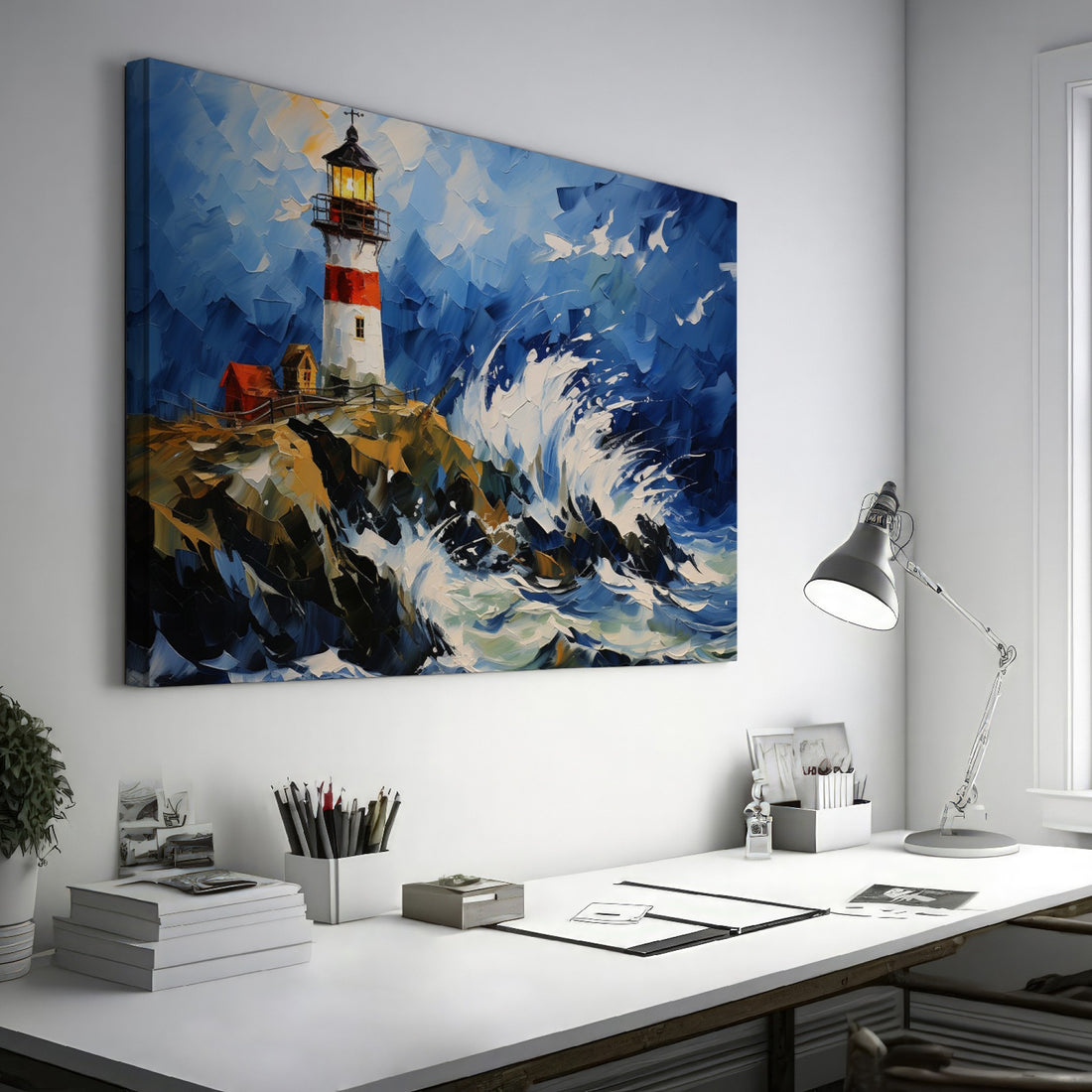 Expressionist style painting of a lighthouse with stormy sea waves in blue and white