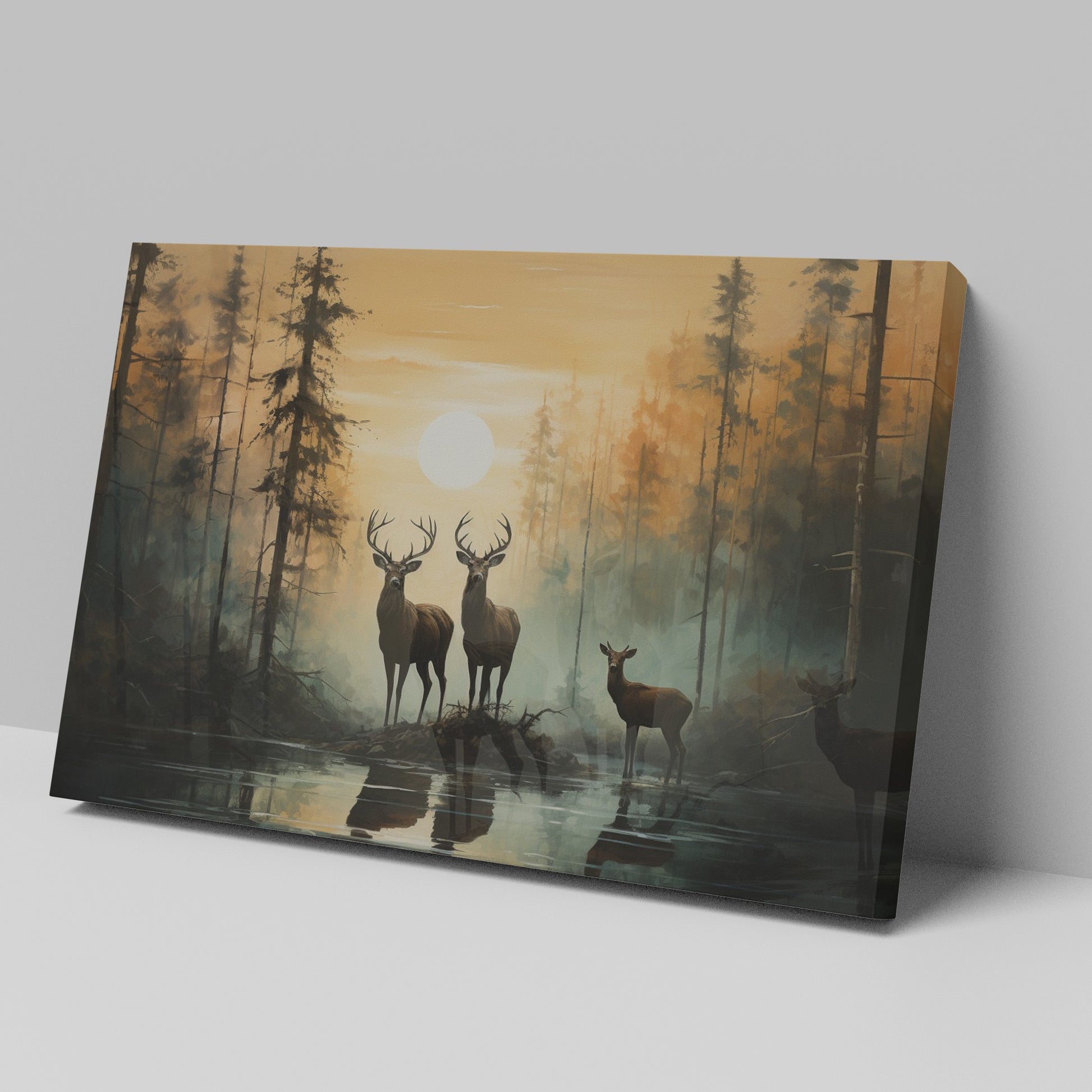 Framed canvas print of deer silhouetted against a forest sunset with reflections on water