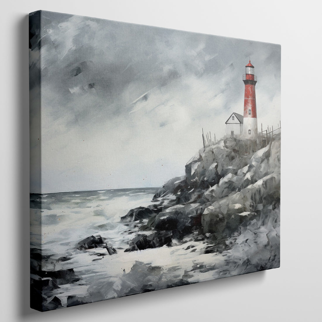 Expressionist painting of a stormy seascape with a red and white lighthouse on a cliff