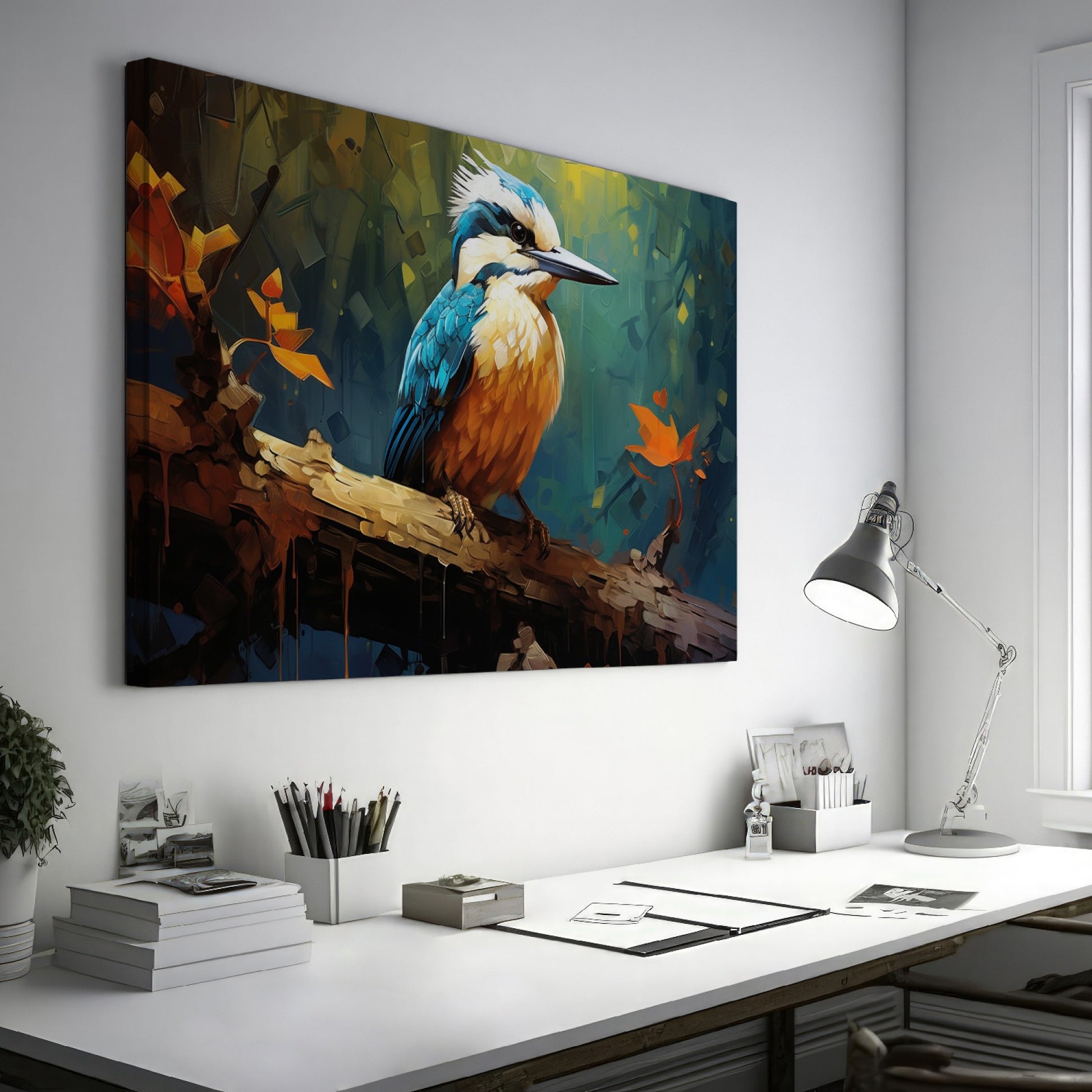 Framed canvas print featuring a vibrant digital art depiction of a kingfisher with autumnal elements