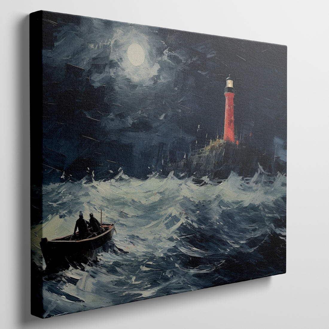 Framed canvas print of a stormy night seascape, with a red lighthouse and sailing boat under a moonlit sky