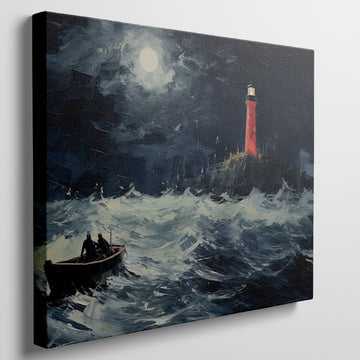 Framed canvas print of a stormy night seascape, with a red lighthouse and sailing boat under a moonlit sky