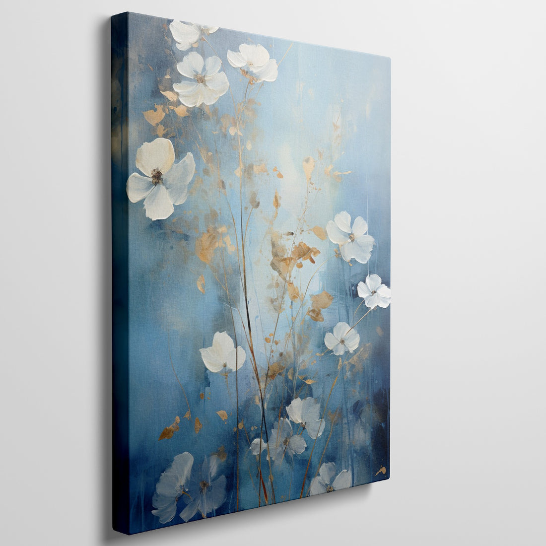 Framed canvas print of abstract white flowers with gold accents on a blue background