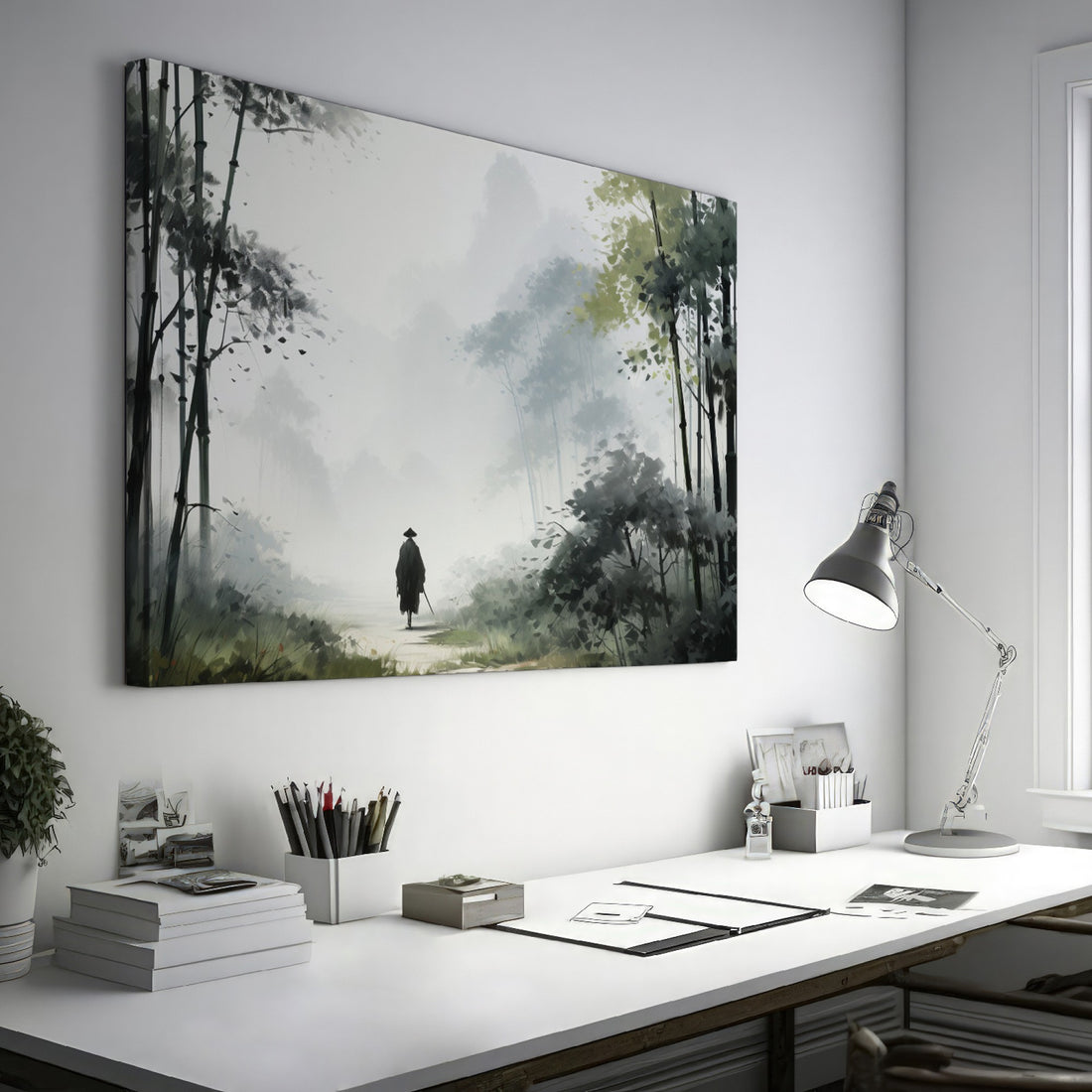 Framed canvas print featuring a solitary figure walking through a misty, ethereal bamboo forest cast in a monochrome colour scheme