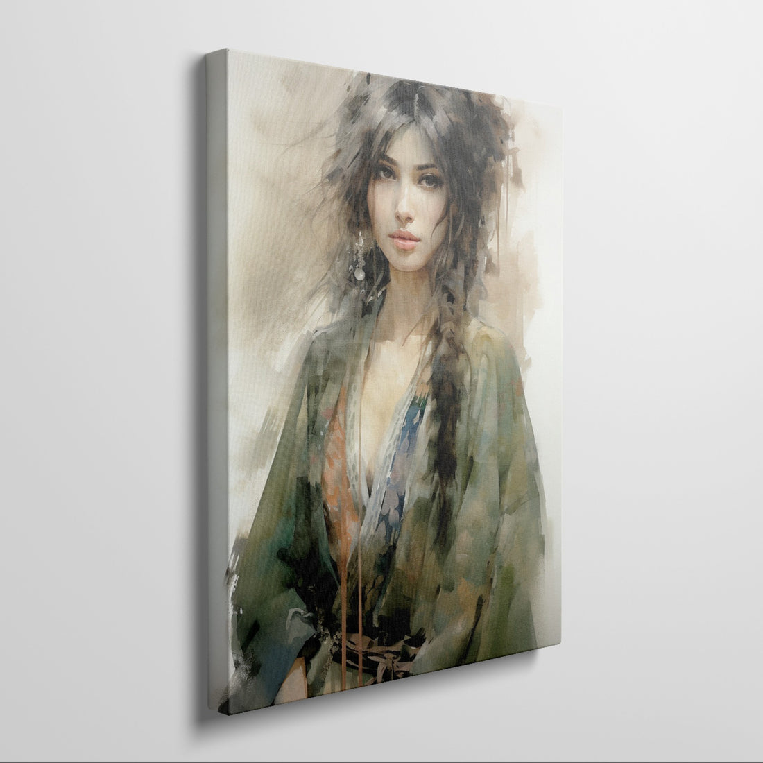 Watercolour portrait of a woman with a serene expression, featuring beige and green tones