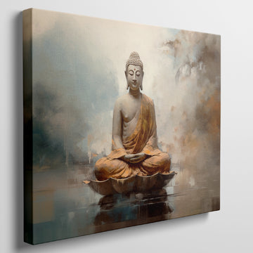 Framed canvas print of a serene Buddha in meditation with earthy tones